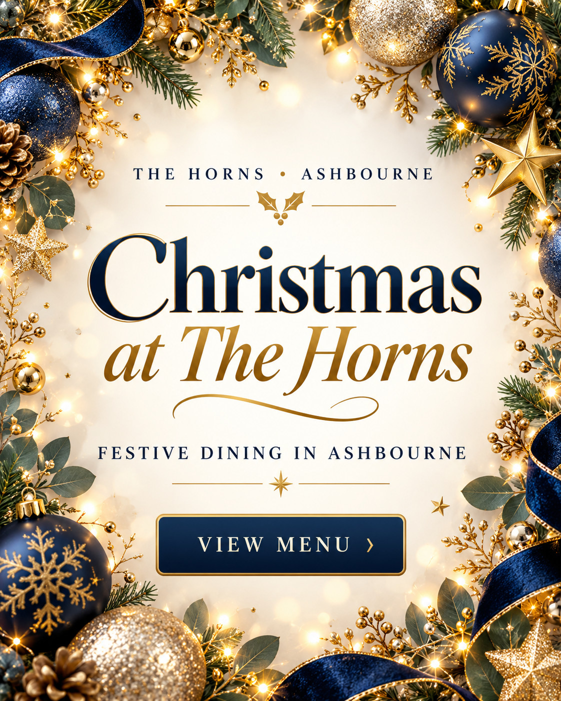 Christmas decorations in gold, blue and silver