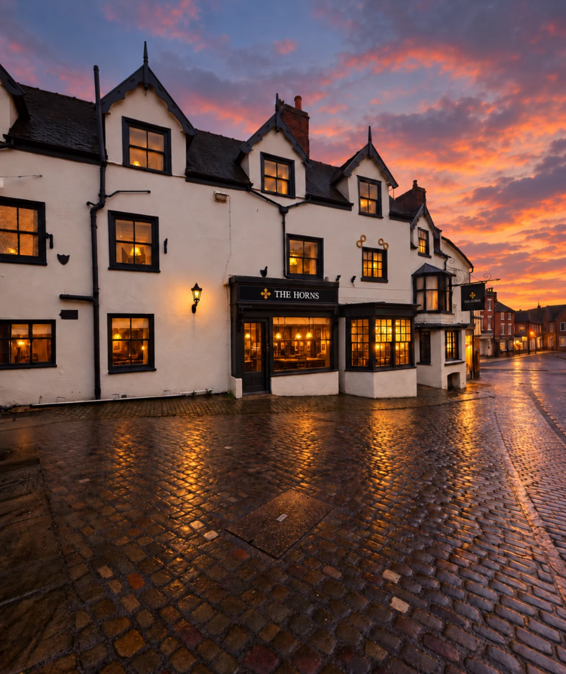 The Horns pub frontage in Ashbourne at twilight, with welcoming warm lights and an empty cobbled street beneath a pink sunset sky